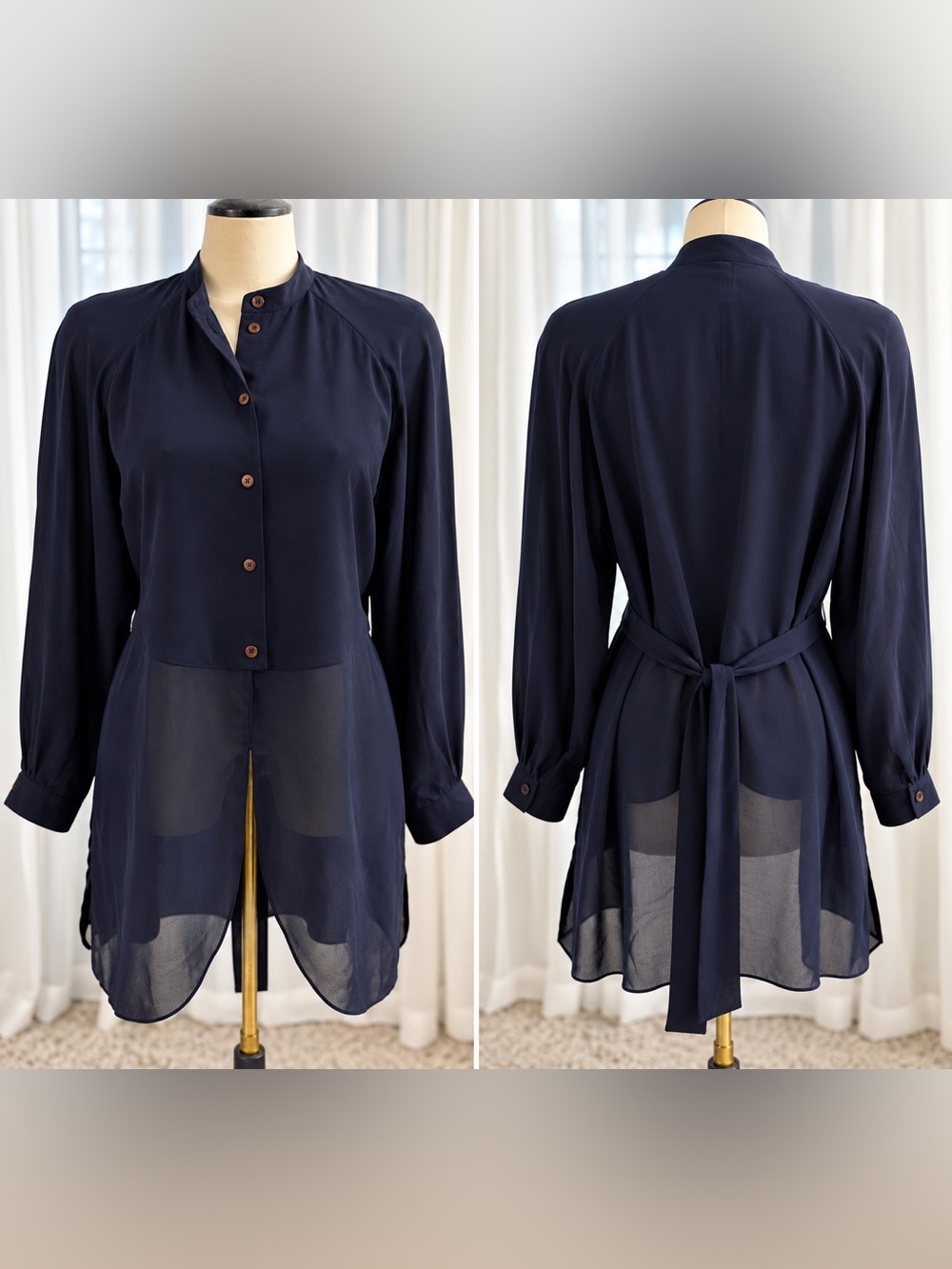 Très Paris Navy Sheer Long Tunic Blouse Tie Waist Size 10-12/ UK 14 Style 5655